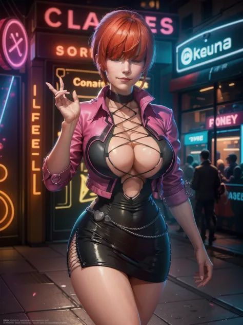 (at night), in a video game scene with a neon background and a neon light, standing at attention, pink suit, pink jacket, choker...