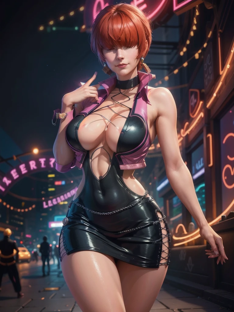 (at night), in a video game scene with a neon background and a neon light, standing at attention, pink suit, pink jacket, choker, neckline, cut of clothing, earrings, has long bangs in her hair that covers eyes ((hair over eyes)), 1 girl, 20 years old, young woman, beautiful finger, beautiful long legs, beautiful body, beautiful nose, beautiful character design, perfect face, looking at the viewer (focusing on her face), closed mouth, Light_Smile, official art, extremely detailed CG unity 8k wallpaper, perfect lighting, bright and colorful front lighting, glowing skin, (masterpiece: 1.0), (best_quality: 1.0), ultra high resolution, 4K, ultra photography detailed, 8K, HDR, high resolution, absurdities:1.2, Kodak portra 400, film grain, blurred background, bokeh:1.2, lens flare, (vibrant_color:1.2), professional photography, (Beautiful, breasts: 1.4), ( beautiful_face: 1.5 ), (narrow waist),
