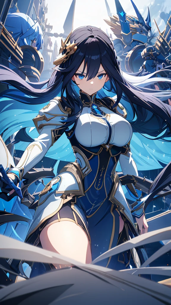 best quality, extremely detailed,anime style girl,long hair down to the waist, straight hair, ((dark black hair with bluish)),braid,beautiful detailed eyes, pinched eyes, (dark blue eyes),huge breasts,curvy,((((white and blue mechanical battle dress)))),clothing with complex patterns,hair ornament,cool expression,dynamic pose,((mysterious place)),dynamic angle