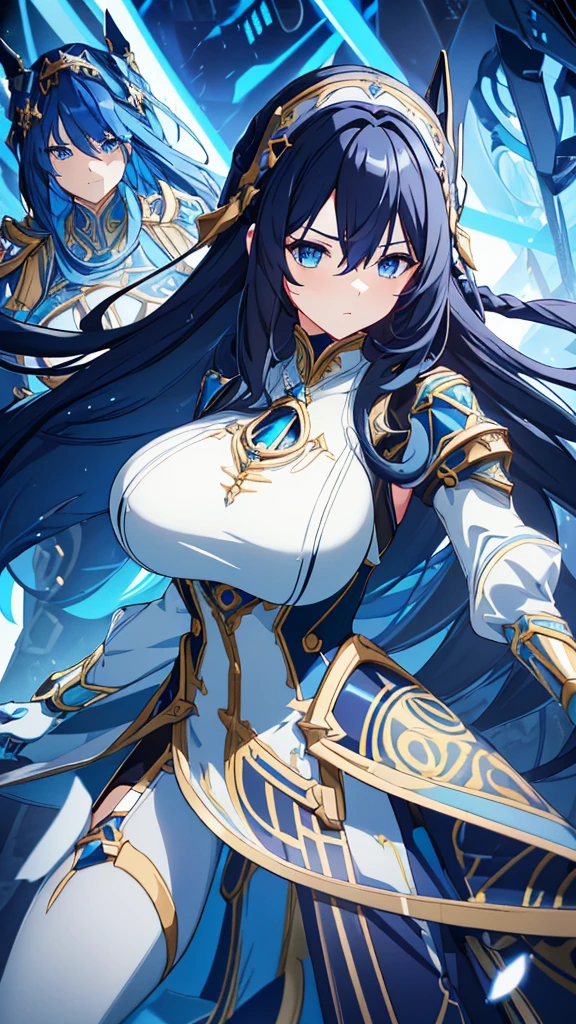 best quality, extremely detailed,anime style girl,long hair down to the waist, straight hair, ((dark black hair with bluish)),braid,beautiful detailed eyes, pinched eyes, (dark blue eyes),huge breasts,curvy,((((white and blue mechanical battle dress)))),clothing with complex patterns,hair ornament,cool expression,dynamic pose,((mysterious place)),dynamic angle