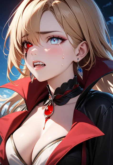 aa portrait of vampire with a bloody tear coming down from he eye, an exotic beautiful female vampire, blond  hair color, dynami...