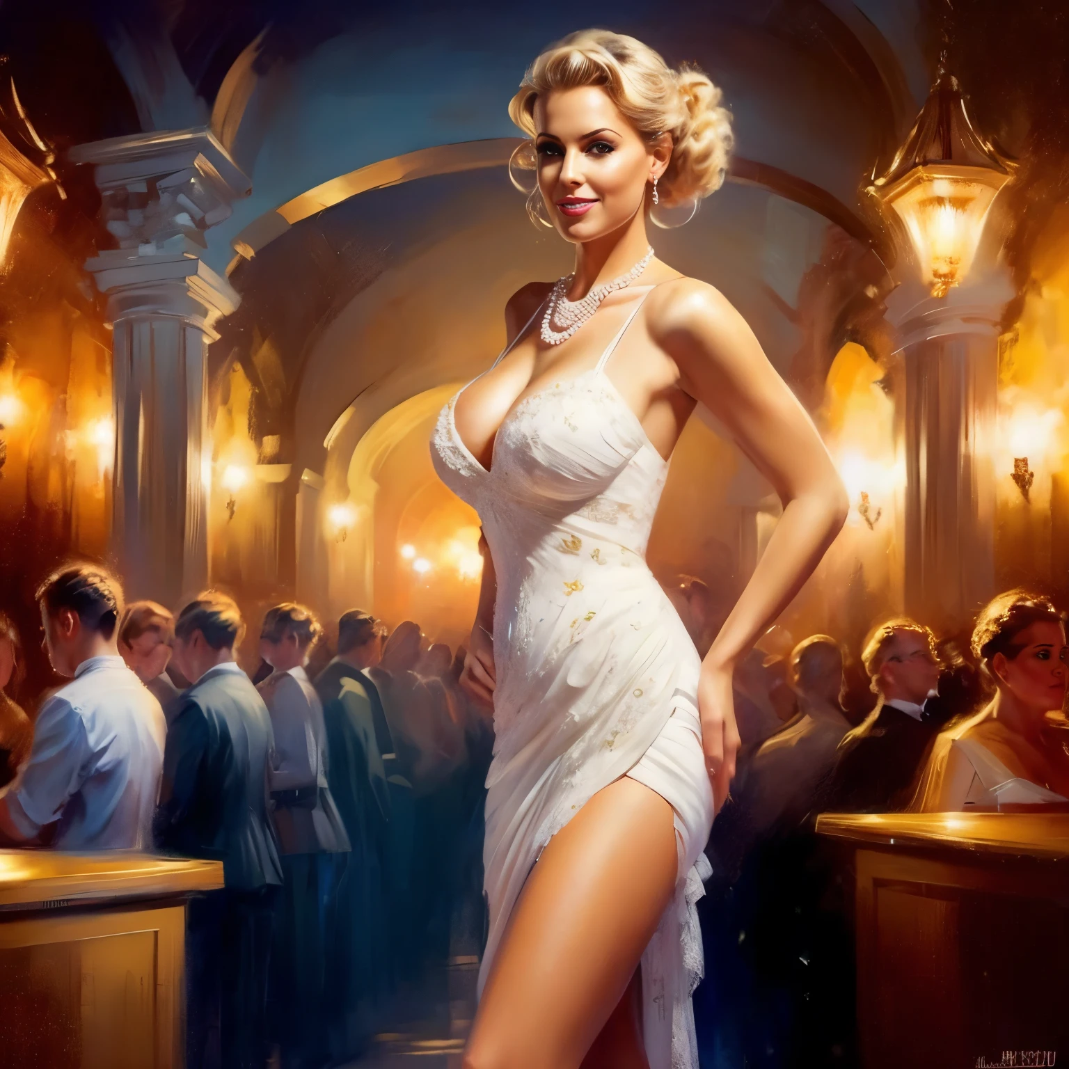 nsfw, photorealistic, beautiful face, (masterpiece:1.4), (best quality:1.4), extremely detailed, hyper-detailed, soft lighting, 3 beautiful blonde 1950's pinup woman in her late thirties standing in a grocery store, dressed only in a semitransparent polkadot dress, white pearl necklace and white pearl earrings, lace stockings, perfect body, busty, perfect legs, intricate details, masterpiece, bestquality, uhd, 8k, ((plain backgound:1.3)), shaved pubic area, big breasts, hanging breasts, heavily sagging breasts, brown big erected hard nipples, short blonde hairbun with a bow in hair, shaved pubic area, (perfect_face), intricate, 4k, detailed_background, full_body, realistic, 8k, sexy, very cheeky smile, very challenging facial expression,pinup512
