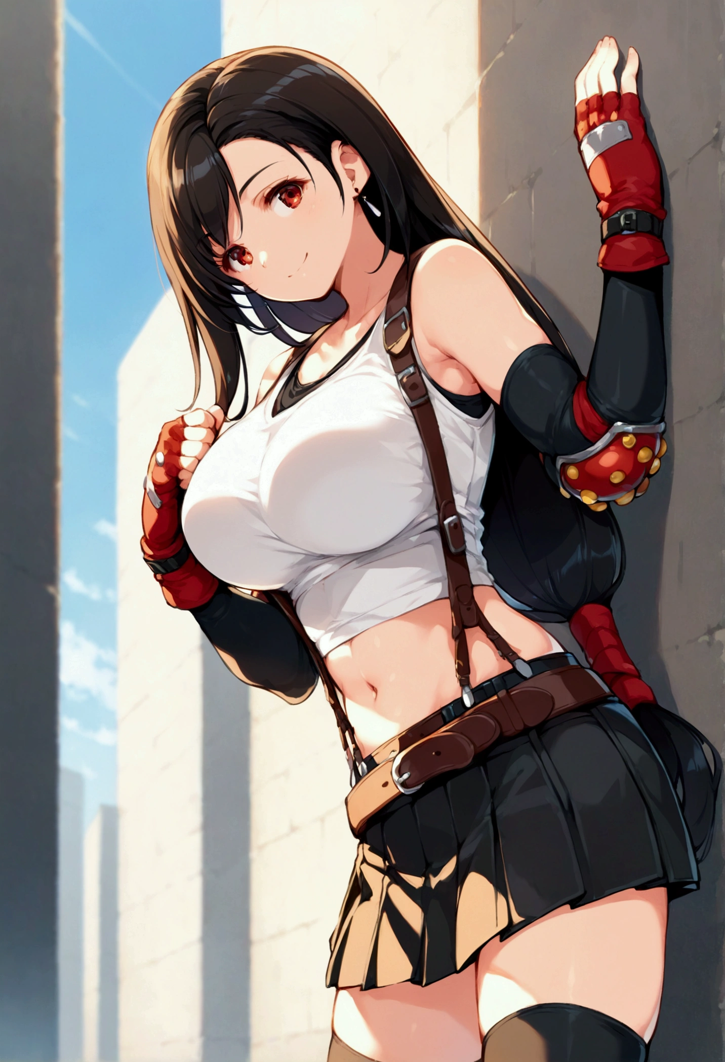 (score_9, score_8_up, score_7_up),,BREAK , ,dynamicangle,,breast above focus,,standing,leaning on wall. upperbody,,Solo ,1girl, tifa lockhart, final fantasy, tareme,black hair, low-tied long hair, red eyes, bangs, (white tank top, belt, pleated skirt, thighhighs, elbow fingerless gloves, elbow pads, midriff, navel,suspender skirt) ,(large_breast),(light smile),daytime,outdoor,(ultra detailed),(best quality),(aesthetic,very aesthetic),UHD,extremely detailed CG unity 8k wallpaper,depth of field,,,detailed face and eyes