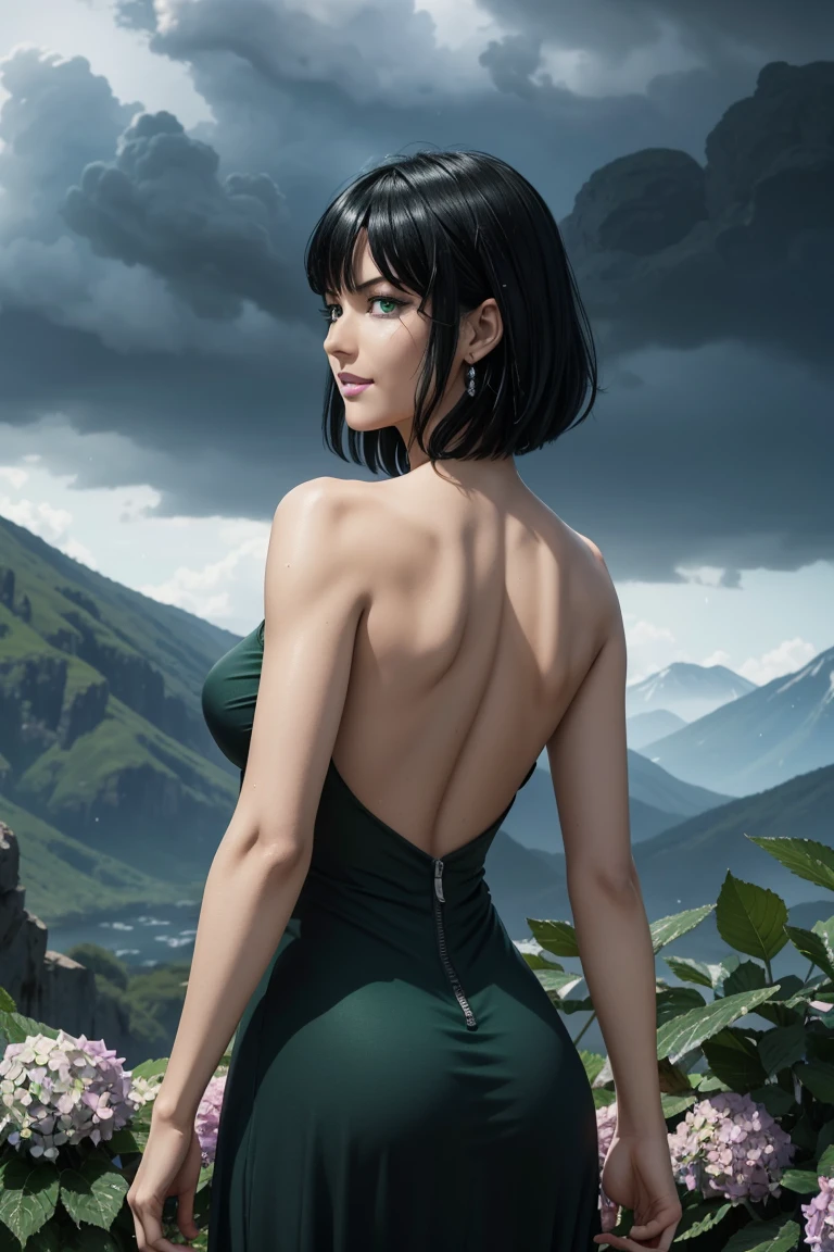 The best one,One Punch Man,Fubuki from Hell,Emerald green eyes,Beautiful black hair,Bangs down,Light green inner hair,Black long dress,Photorealistic,Ultra HD,high quality,masterpiece,Digital SLR,Detailed details,Intricate details,Anatomical basis,Depicted in detail,A detailed face,Realistic skin texture,Vivid details,Perfect Anatomy,Perfect Anatomy,Anatomically correct hand,Anatomically correct fingers,Super Detail,Complex 3D rendering,Huge ,Sexy pose,Beautiful back view,Rainy Sky,Beautiful scenery,Fantastic rainy sky,Fantasy worldview,Picturesque,Pink Lips,Beautiful hydrangea,butterfly々Fluttering,smile,