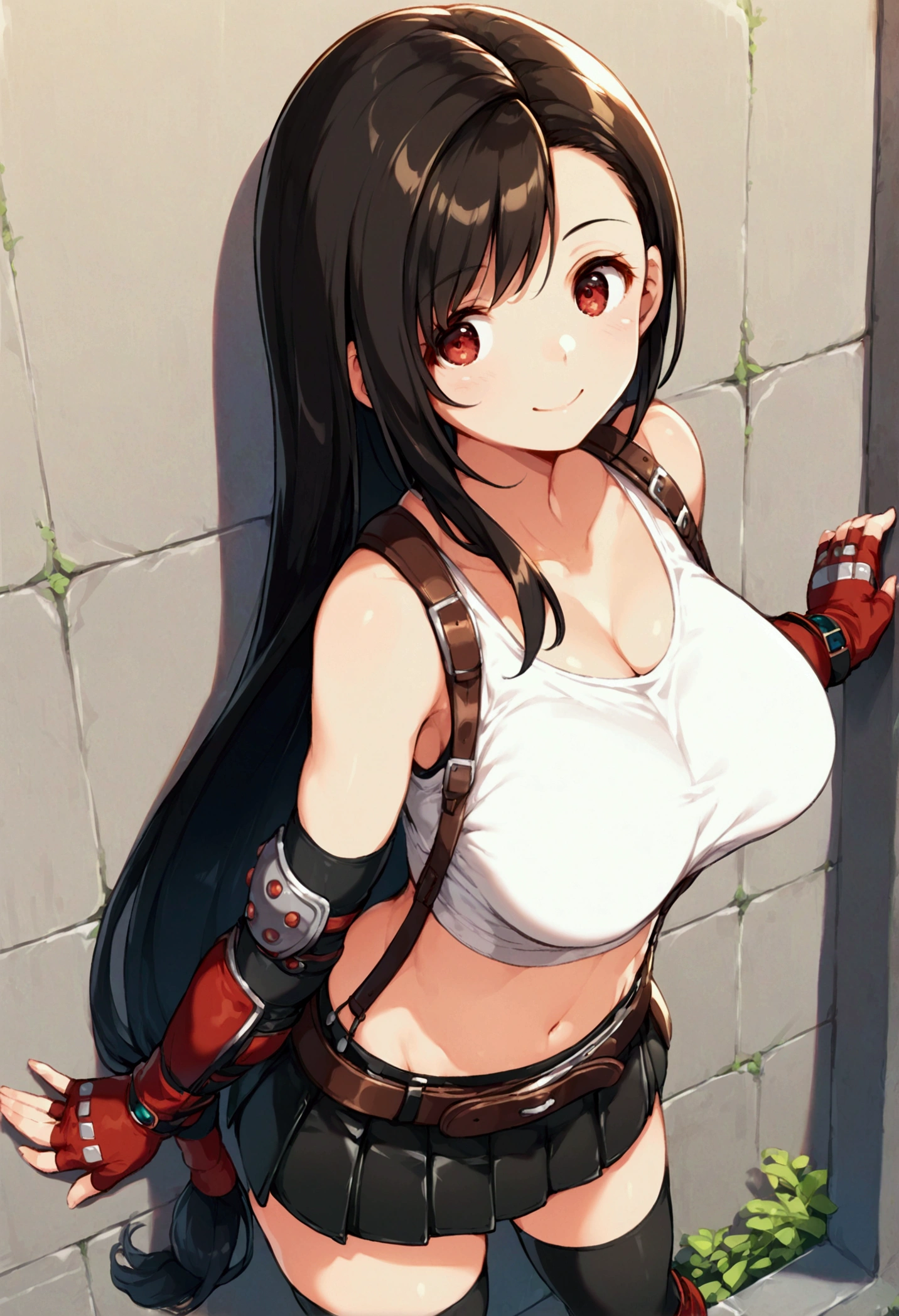 (score_9, score_8_up, score_7_up),,BREAK , ,dynamicangle,,breast above view,,standing,leaning on wall. upperbody,,Solo ,1girl, tifa lockhart, final fantasy, tareme,black hair, low-tied long hair, red eyes, bangs, (white tank top, belt, pleated skirt, thighhighs, elbow fingerless gloves, elbow pads, midriff, navel,suspender skirt) ,(large_breast),(light smile),daytime,outdoor,(ultra detailed),(best quality),(aesthetic,very aesthetic),UHD,extremely detailed CG unity 8k wallpaper,depth of field,,,detailed face and eyes