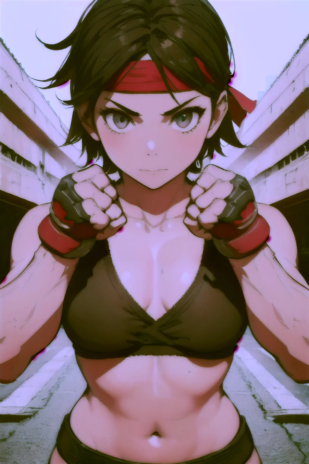 (masterpiece, best quality:1.2), expressive eyes, perfect face, highres, 1girl, solo, ryu \(sf\), (female:1.5), black hair, short hair, dougi, fingerless gloves, headband, fighting pose, portrait, looking at the viewer, cowboy shot