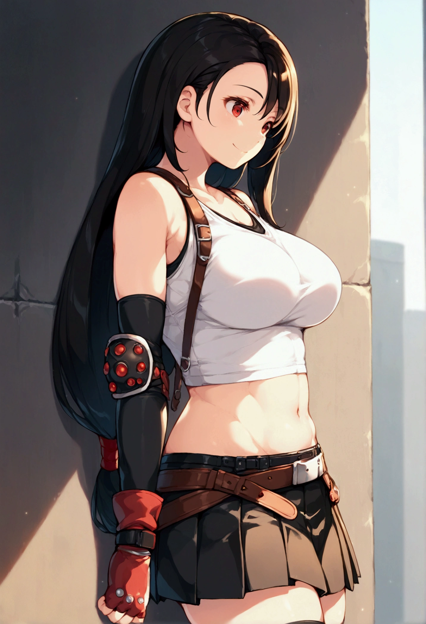 (score_9, score_8_up, score_7_up),,BREAK , ,dynamicangle,,breast side view,,standing,leaning on wall. upperbody,,Solo ,1girl, tifa lockhart, final fantasy, tareme,black hair, low-tied long hair, red eyes, bangs, (white tank top, belt, pleated skirt, thighhighs, elbow fingerless gloves, elbow pads, midriff, navel,suspender skirt) ,(large_breast),(light smile),daytime,outdoor,(ultra detailed),(best quality),(aesthetic,very aesthetic),UHD,extremely detailed CG unity 8k wallpaper,depth of field,,,detailed face and eyes