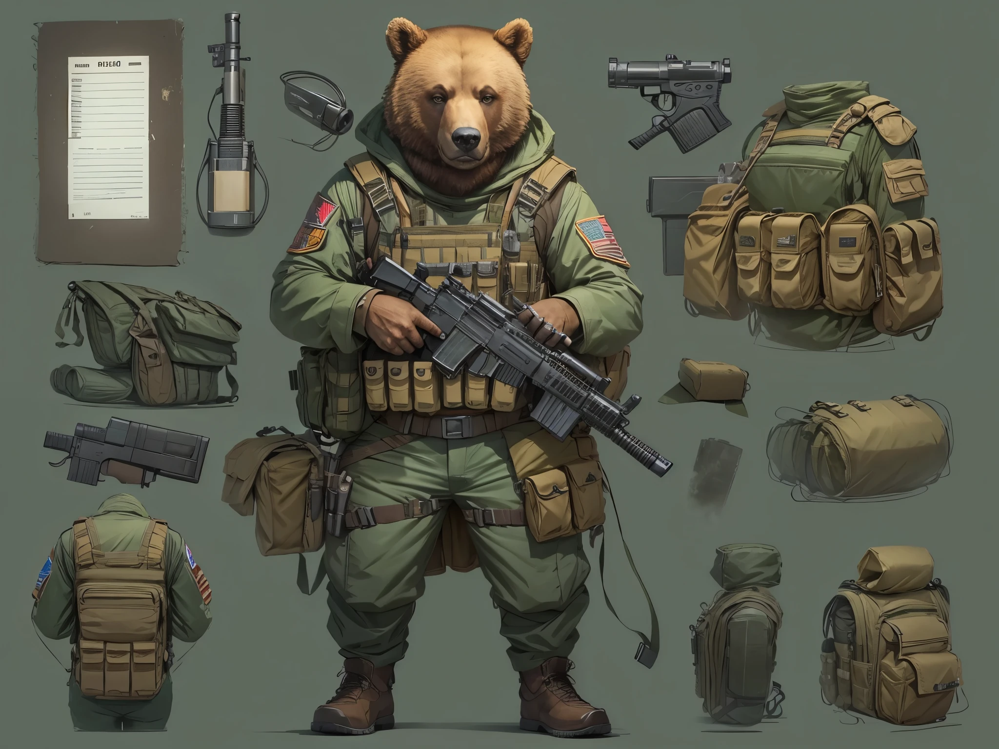 A mercenary bear, holding an assault rifle, load-bearing vest, ammunition belt, long sleeves, tactical gloves,danger atmosphere, war zone. Full body, character sheet