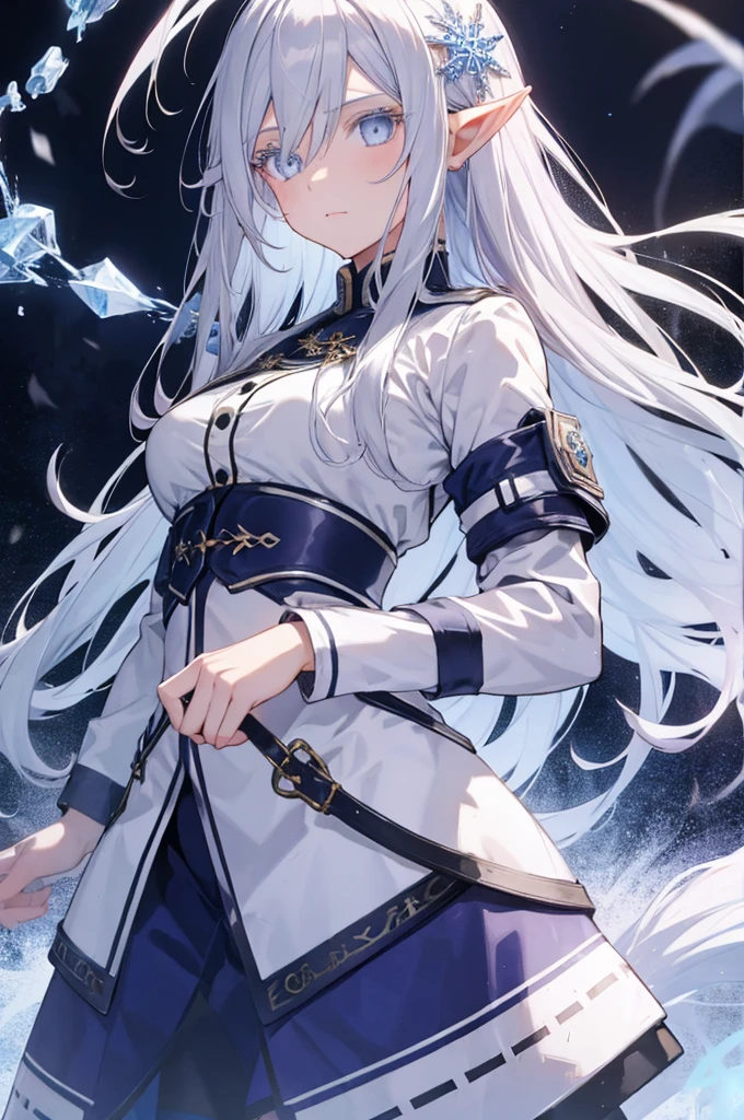 1 girl, silver hair, high elf，blue eyes, ice witch, cold, Ice fragments，Snowflake hair ornament，wallpaper, high contrast, colorful, anime style，whole body，light gray coat