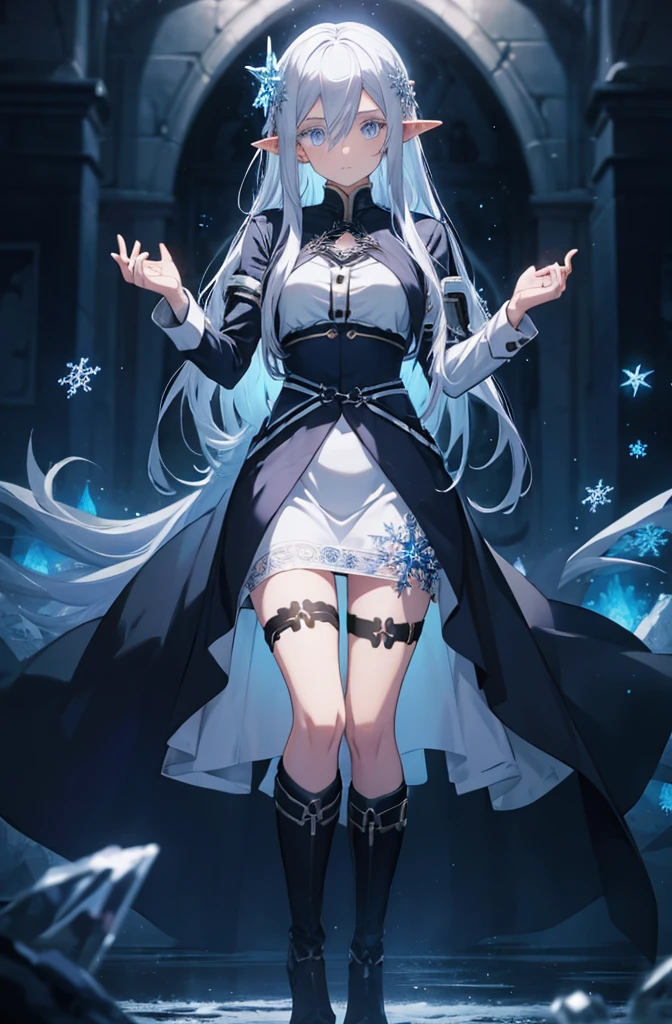 1 girl, silver hair, high elf，blue eyes, ice witch, cold, Ice fragments，Snowflake hair ornament，wallpaper, high contrast, colorful, anime style，whole body，light gray coat