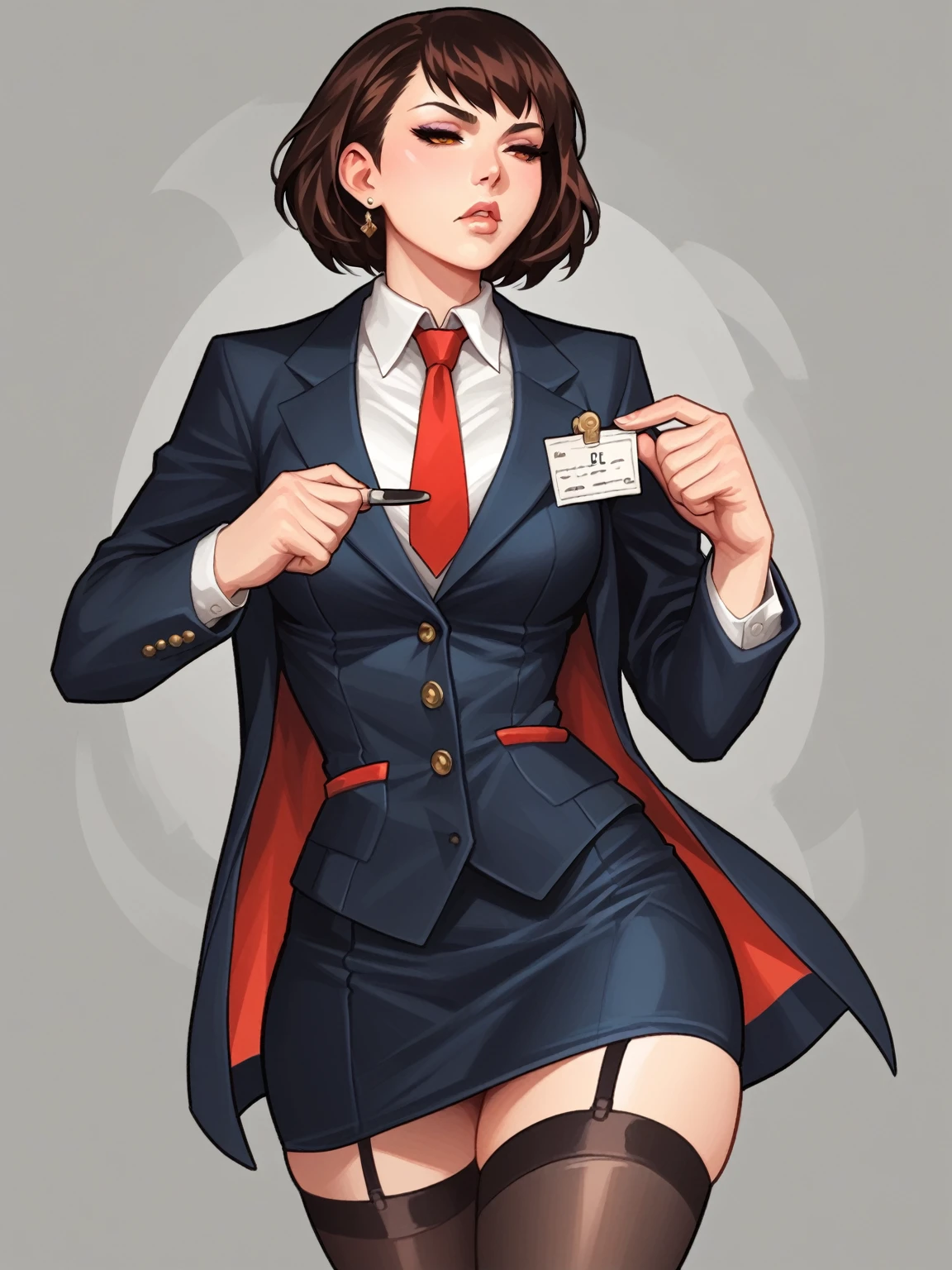 score_9, score_8_up, score_8, rating_safe, traditional art, 1 girl, thick thighs, wide hips, adamhughesstyle, minkostyle,skirt suit, (((three-piece suit))), (((dress shirt))), (((necktie))), (((blazer))), (((suit jacket))), ((waistcoat)), double-breasted waistcoat, (((bodycon miniskirt))), stockings, pocket square, cufflinks, 