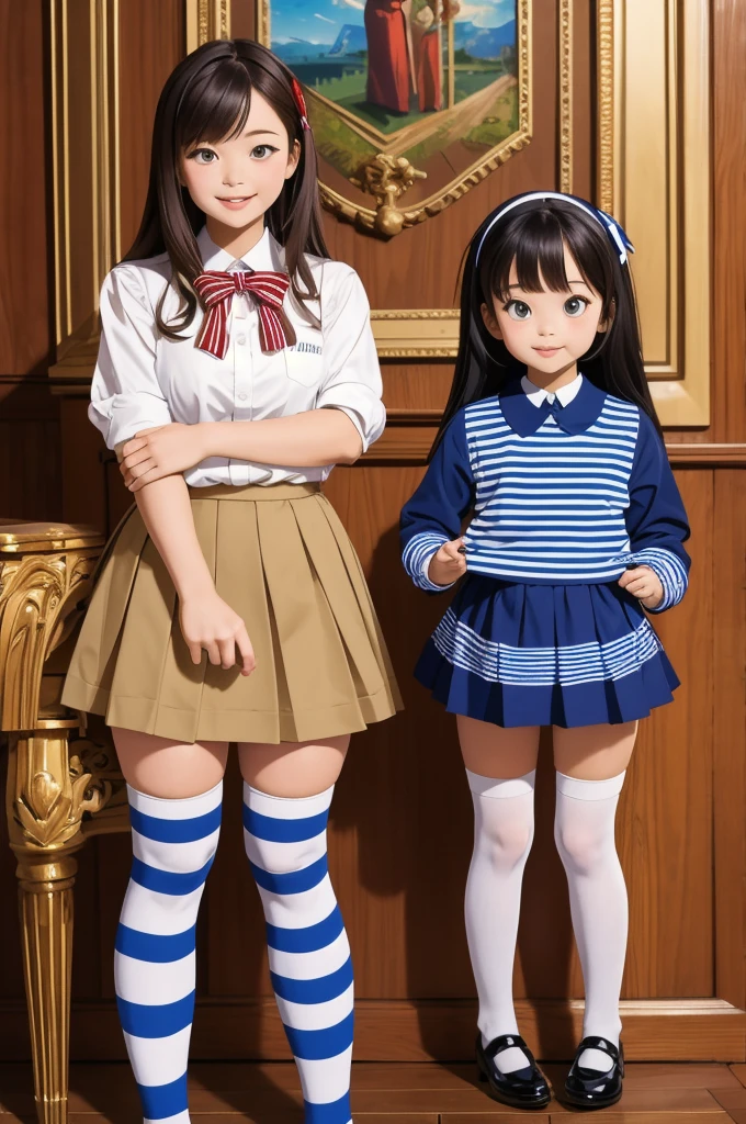 (masterpiece, best quality)(masterpiece, best quality), two girls, uniform, mini skirt, (striped stockings), half body 