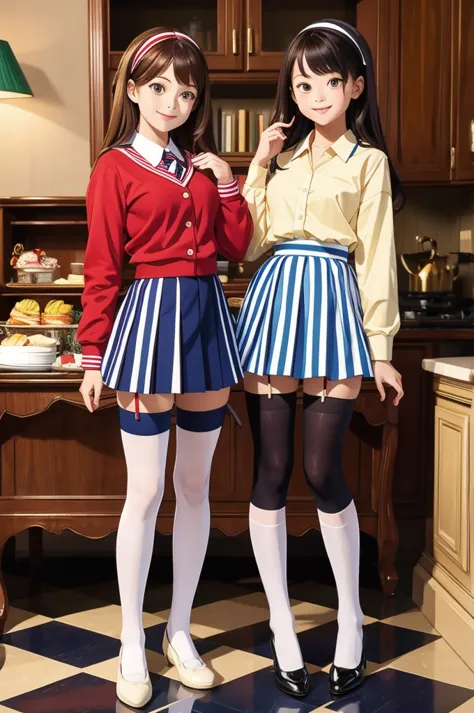 (masterpiece, best quality)(masterpiece, best quality), two girls, uniform, mini skirt, (striped stockings), half body 