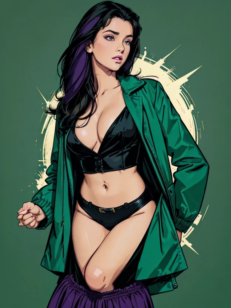 score_9, score_8, score_7,A stunning illustration, dark-haired goddess, dressed in 1980s women's fashion, open jacket, open shirt green, a beauty pinup art style, graphic design, flat colours, purple green palette, background 1 flat colour. Portrait Style. 