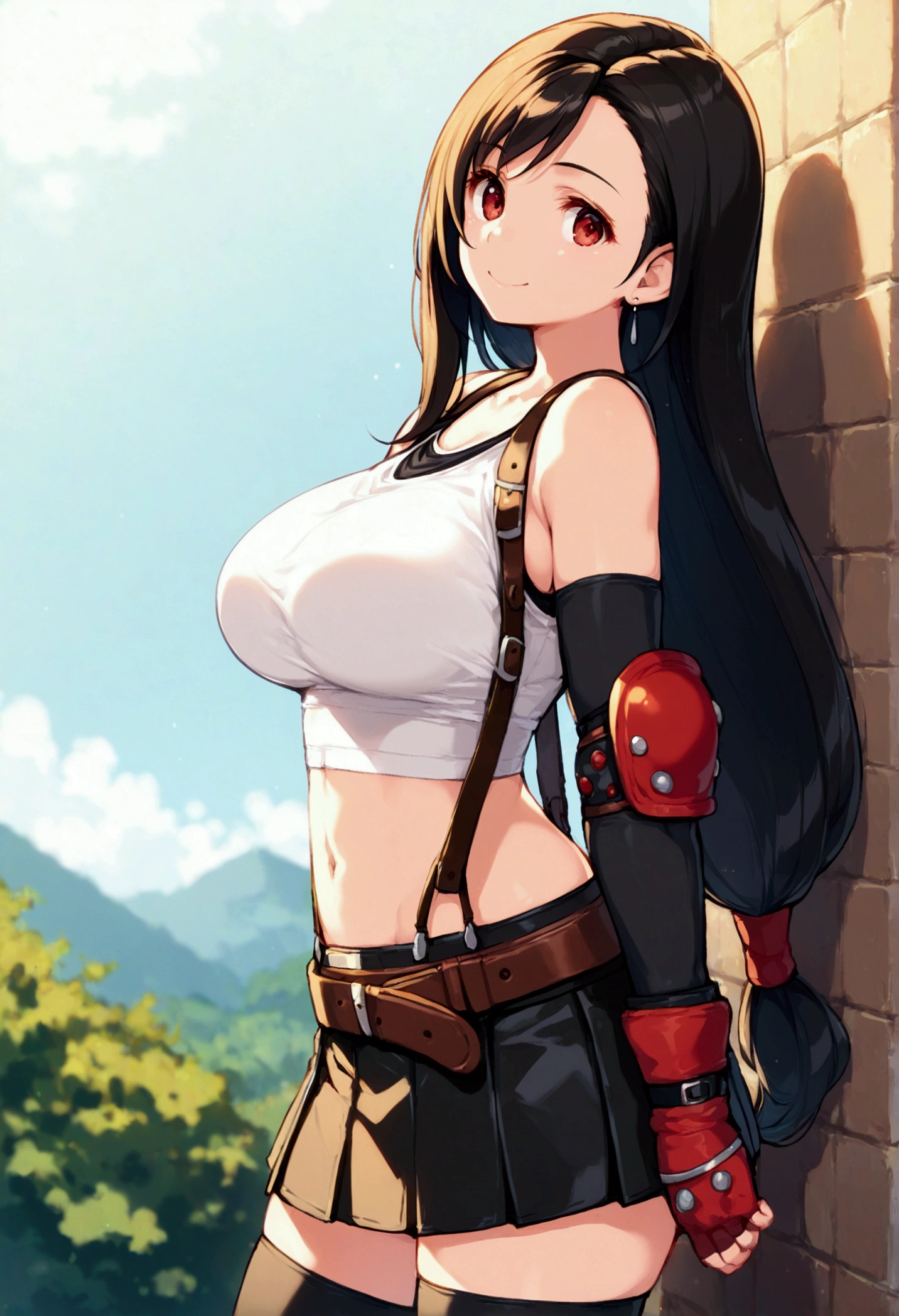 (score_9, score_8_up, score_7_up),,BREAK , ,dynamicangle,,breast side view,breast press,,standing,leaning on wall. upperbody,,Solo ,1girl, tifa lockhart, final fantasy, tareme,black hair, low-tied long hair, red eyes, bangs, (white tank top, belt, pleated skirt, thighhighs, elbow fingerless gloves, elbow pads, midriff, navel,suspender skirt) ,(large_breast),(light smile),daytime,outdoor,(ultra detailed),(best quality),(aesthetic,very aesthetic),UHD,extremely detailed CG unity 8k wallpaper,depth of field,,,detailed face and eyes