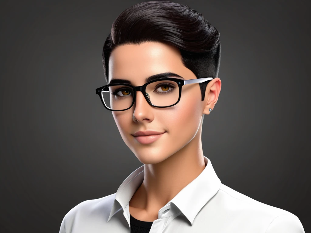 brunette programmer with short beard, glasses, blackw, AND VERY SHORT HAIR, Using the computer