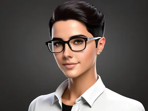 brunette programmer with short beard, glasses, blackw, and very short hair, using the computer