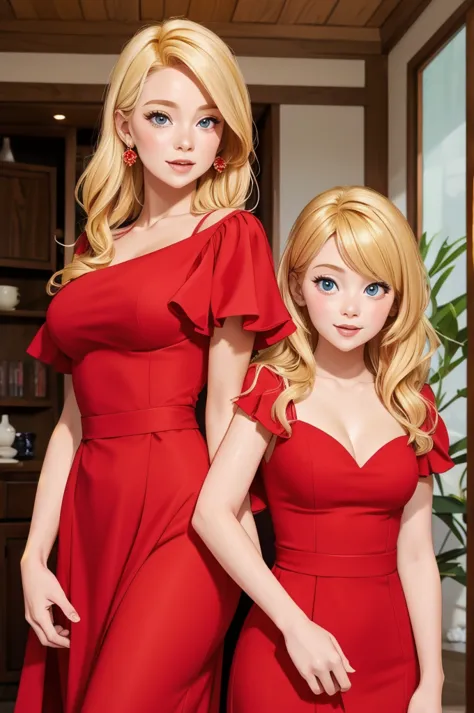 (masterpiece, best quality), two womans, blonde hair, red dress,, cute face, blush,