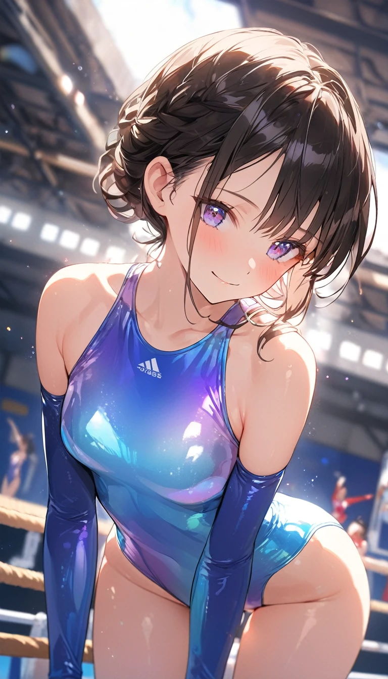 highquality illustration, masterpiece, very delicate and beautiful, attractive girl,(gymnastics leotard,long sleeve leotard with glittery decoration,high_leg leotard,athletic leotard,tight-fit leotard,iridescent gradient leotard,long-sleeve leotard),thin,slender body,slim,high school,gymnasium background,gymnastics club,gymnastics athlete,princess, beautiful eyes,light smile,(masterpiece, best quality:1.2), highres, extremely detailed CG unity 8k wallpaper, perfect lighting, Colourful, ultra-high res,4K,ultra-detailed, photography, 8K, HDR, 17 ages,cowboy shot,