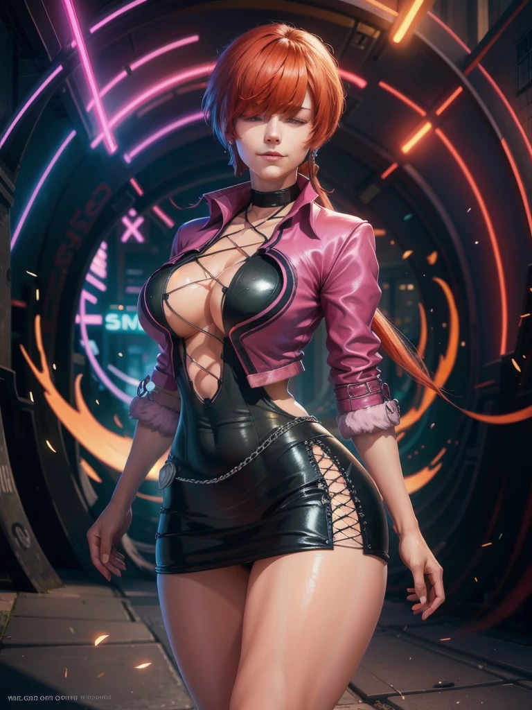 (at night), in a video game scene with a neon background and a neon light, standing at attention, pink suit, pink jacket, choker, neckline, cut of clothing, earrings, has long bangs in her hair that covers eyes ((hair over eyes)), 1 girl, 20 years old, young woman, beautiful finger, beautiful long legs, beautiful body, beautiful nose, beautiful character design, perfect face, looking at the viewer (focusing on her face), closed mouth, Light_Smile, official art, extremely detailed CG unity 8k wallpaper, perfect lighting, bright and colorful front lighting, glowing skin, (masterpiece: 1.0), (best_quality: 1.0), ultra high resolution, 4K, ultra photography detailed, 8K, HDR, high resolution, absurdities:1.2, Kodak portra 400, film grain, blurred background, bokeh:1.2, lens flare, (vibrant_color:1.2), professional photography, (Beautiful, breasts: 1.4), ( beautiful_face: 1.5 ), (narrow waist),
