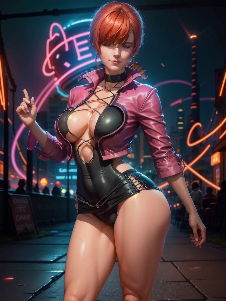 (at night), in a video game scene with a neon background and a neon light, standing at attention, pink suit, pink jacket, choker, neckline, cut of clothing, earrings, has long bangs in her hair that covers eyes ((hair over eyes)), 1 girl, 20 years old, young woman, beautiful finger, beautiful long legs, beautiful body, beautiful nose, beautiful character design, perfect face, looking at the viewer (focusing on her face), closed mouth, Light_Smile, official art, extremely detailed CG unity 8k wallpaper, perfect lighting, bright and colorful front lighting, glowing skin, (masterpiece: 1.0), (best_quality: 1.0), ultra high resolution, 4K, ultra photography detailed, 8K, HDR, high resolution, absurdities:1.2, Kodak portra 400, film grain, blurred background, bokeh:1.2, lens flare, (vibrant_color:1.2), professional photography, (Beautiful, breasts: 1.4), ( beautiful_face: 1.5 ), (narrow waist),
