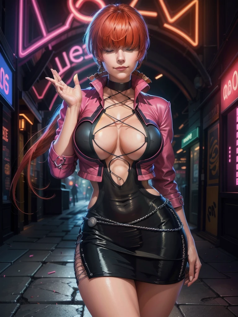 (at night), in a video game scene with a neon background and a neon light, standing at attention, pink suit, pink jacket, choker, neckline, cut of clothing, earrings, has long bangs in her hair that covers eyes ((hair over eyes)), 1 girl, 20 years old, young woman, beautiful finger, beautiful long legs, beautiful body, beautiful nose, beautiful character design, perfect face, looking at the viewer (focusing on her face), closed mouth, Light_Smile, official art, extremely detailed CG unity 8k wallpaper, perfect lighting, bright and colorful front lighting, glowing skin, (masterpiece: 1.0), (best_quality: 1.0), ultra high resolution, 4K, ultra photography detailed, 8K, HDR, high resolution, absurdities:1.2, Kodak portra 400, film grain, blurred background, bokeh:1.2, lens flare, (vibrant_color:1.2), professional photography, (Beautiful, breasts: 1.4), ( beautiful_face: 1.5 ), (narrow waist),
