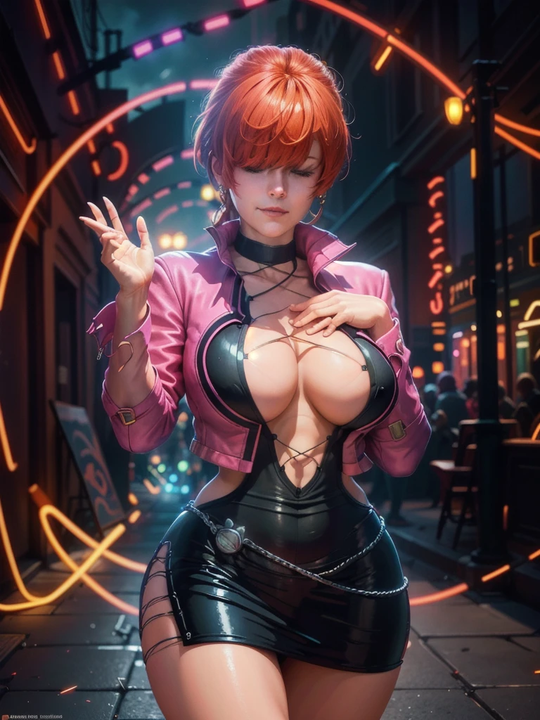 (at night), in a video game scene with a neon background and a neon light, standing at attention, pink suit, pink jacket, choker, neckline, cut of clothing, earrings, has long bangs in her hair that covers eyes ((hair over eyes)), 1 girl, 20 years old, young woman, beautiful finger, beautiful long legs, beautiful body, beautiful nose, beautiful character design, perfect face, looking at the viewer (focusing on her face), closed mouth, Light_Smile, official art, extremely detailed CG unity 8k wallpaper, perfect lighting, bright and colorful front lighting, glowing skin, (masterpiece: 1.0), (best_quality: 1.0), ultra high resolution, 4K, ultra photography detailed, 8K, HDR, high resolution, absurdities:1.2, Kodak portra 400, film grain, blurred background, bokeh:1.2, lens flare, (vibrant_color:1.2), professional photography, (Beautiful, breasts: 1.4), ( beautiful_face: 1.5 ), (narrow waist),
