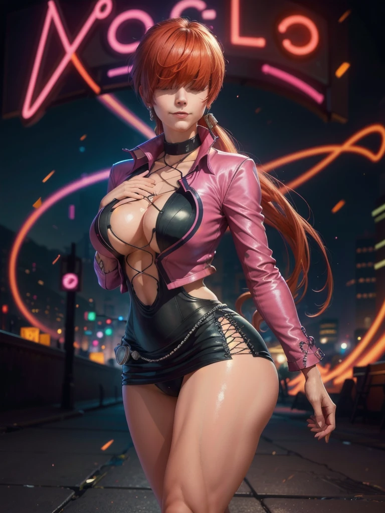 (at night), in a video game scene with a neon background and a neon light, standing at attention, pink suit, pink jacket, choker, neckline, cut of clothing, earrings, has long bangs in her hair that covers eyes ((hair over eyes)), 1 girl, 20 years old, young woman, beautiful finger, beautiful long legs, beautiful body, beautiful nose, beautiful character design, perfect face, looking at the viewer (focusing on her face), closed mouth, Light_Smile, official art, extremely detailed CG unity 8k wallpaper, perfect lighting, bright and colorful front lighting, glowing skin, (masterpiece: 1.0), (best_quality: 1.0), ultra high resolution, 4K, ultra photography detailed, 8K, HDR, high resolution, absurdities:1.2, Kodak portra 400, film grain, blurred background, bokeh:1.2, lens flare, (vibrant_color:1.2), professional photography, (Beautiful, breasts: 1.4), ( beautiful_face: 1.5 ), (narrow waist),
