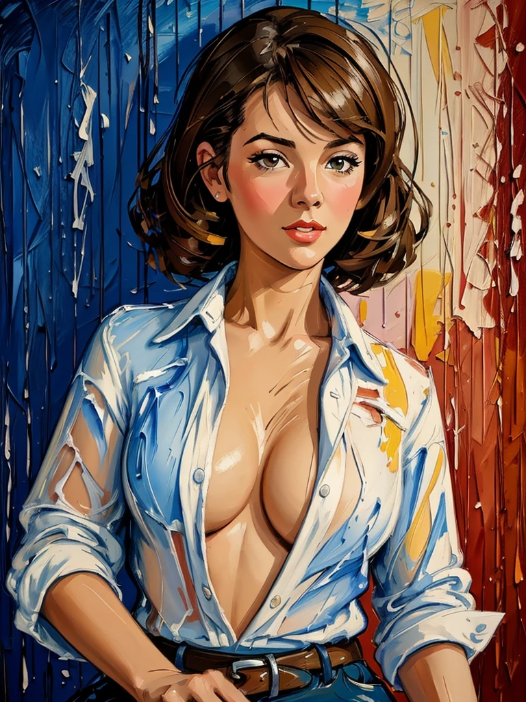 ((Speed Paint) +++ Female portrait, palette knife painting, impressionist style, brushwork technique, large stroke, Open shirt, 1950s style