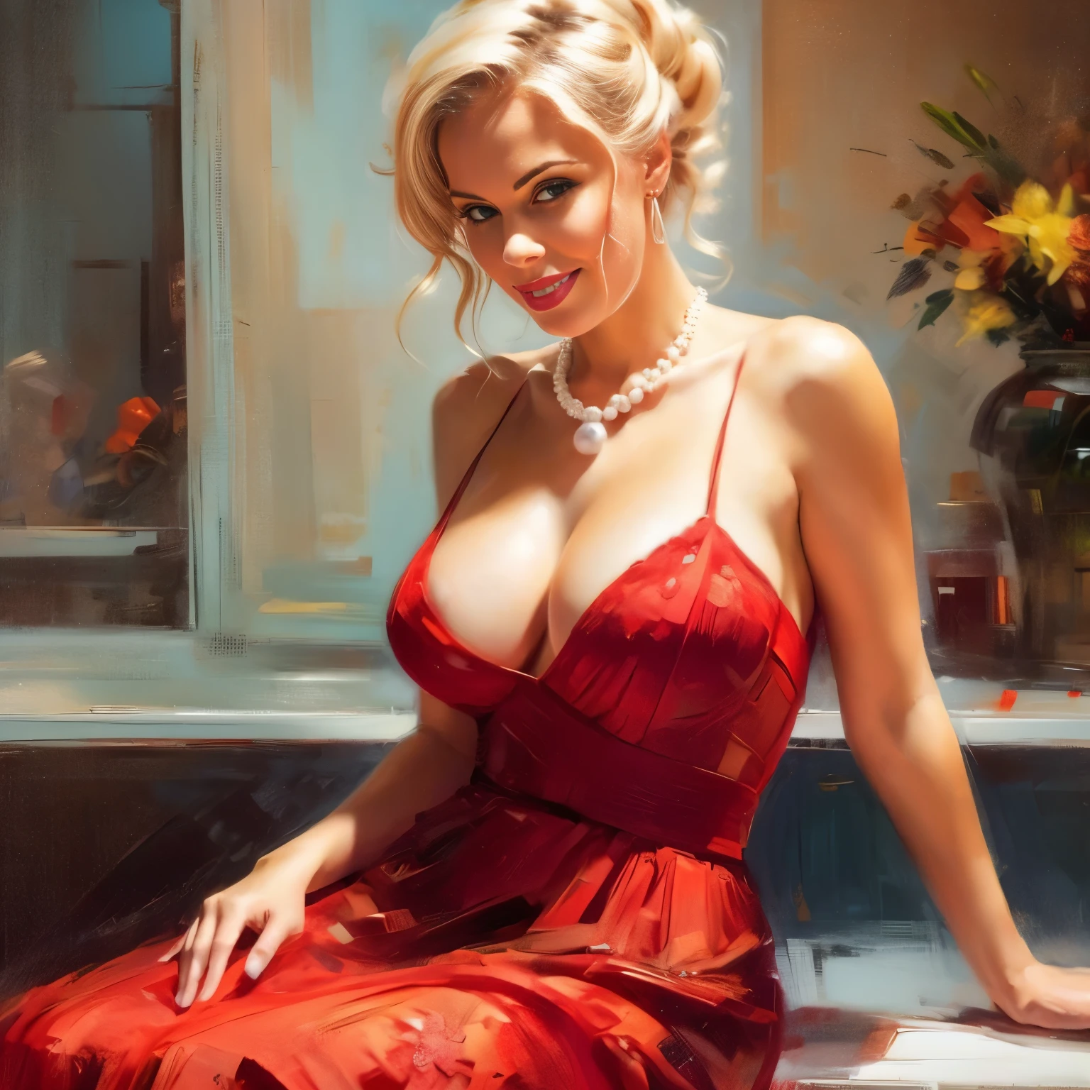 nsfw, photorealistic, beautiful face, (masterpiece:1.4), (best quality:1.4), extremely detailed, hyper-detailed, soft lighting, 38 years old beautiful blonde 1950's pinup woman in her late thirties standing in a super market, dressed in a red dress, white pearl necklace and white pearl earrings, lace stockings, perfect body, busty, perfect legs, intricate details, masterpiece, bestquality, uhd, 8k, ((plain backgound:1.3)), shaved pubic area, big breasts, hanging breasts, heavily sagging breasts, brown big erected hard nipples, short blonde hairbun with a bow in hair, shaved pubic area, (perfect_face), intricate, 4k, detailed_background, full_body, realistic, 8k, sexy, very cheeky smile, very challenging facial expression,pinup512
