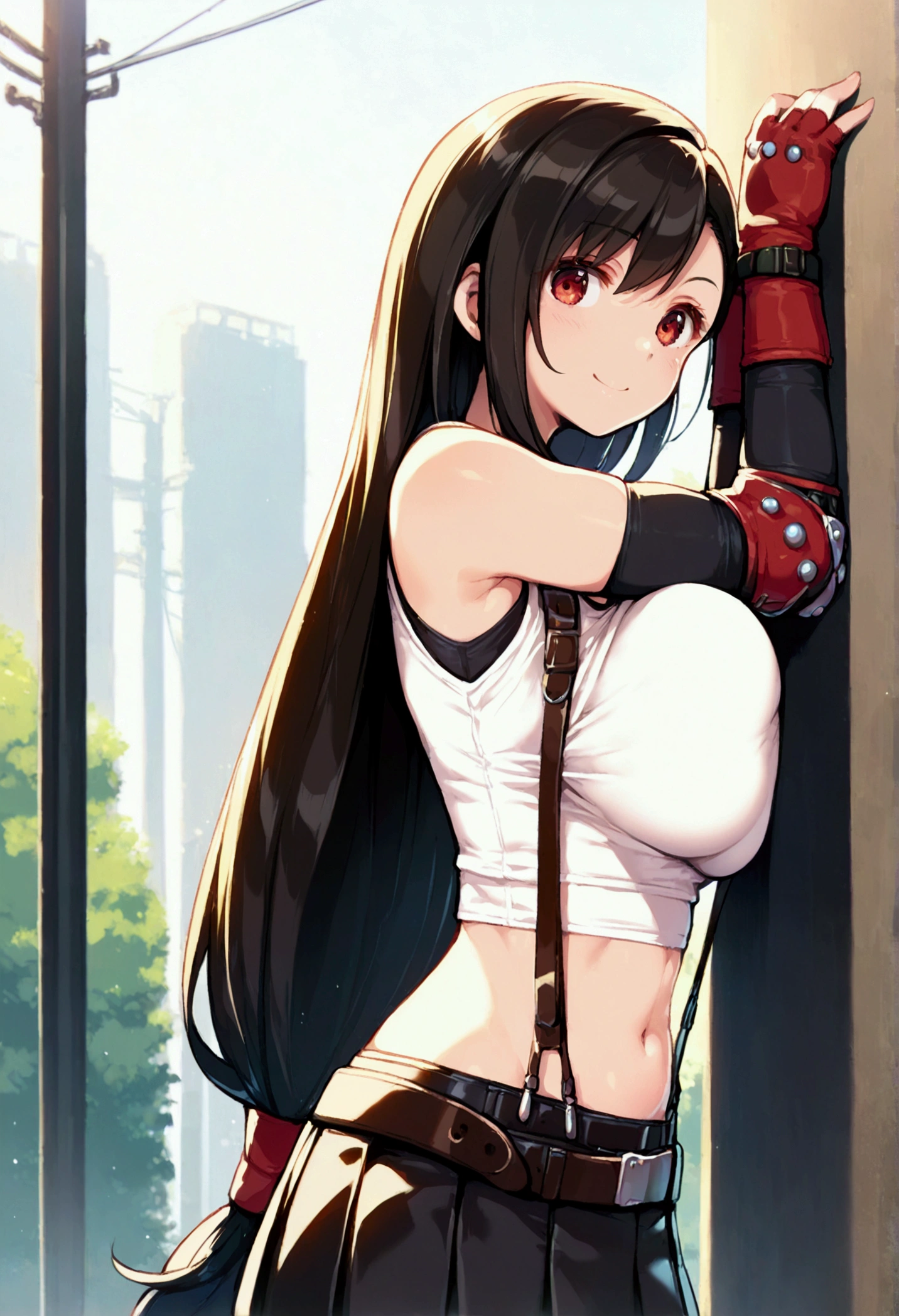 (score_9, score_8_up, score_7_up),,BREAK , ,dynamicangle,,breast side view,wall breast press,,standing,leaning on wall. upperbody,,Solo ,1girl, tifa lockhart, final fantasy, tareme,black hair, low-tied long hair, red eyes, bangs, (white tank top, belt, pleated skirt, thighhighs, elbow fingerless gloves, elbow pads, midriff, navel,suspender skirt) ,(large_breast),(light smile),daytime,outdoor,(ultra detailed),(best quality),(aesthetic,very aesthetic),UHD,extremely detailed CG unity 8k wallpaper,depth of field,,,detailed face and eyes