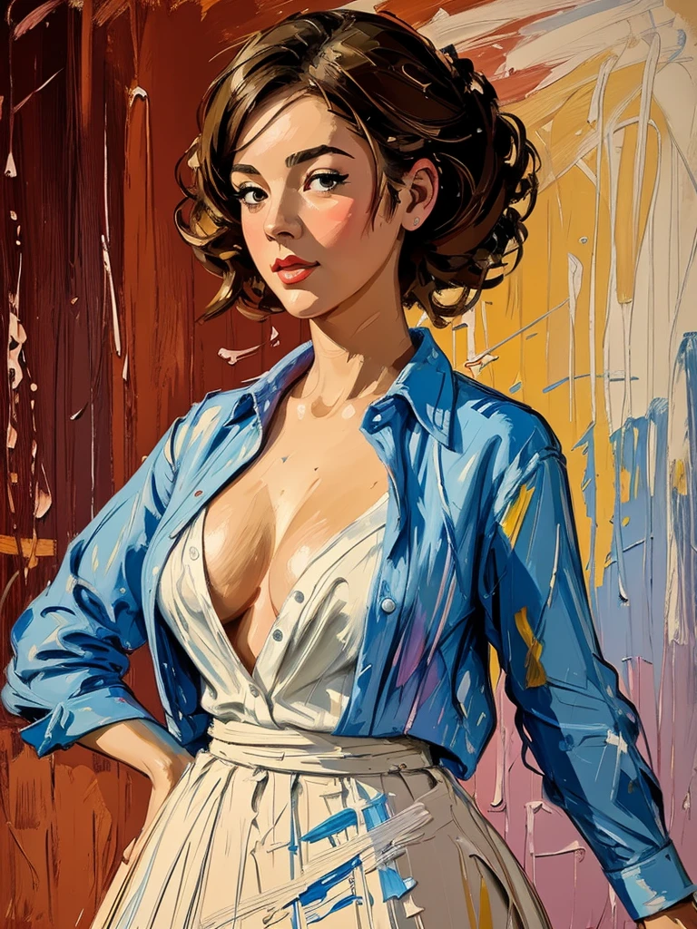 ((Speed Paint) +++ Female portrait, palette knife painting, impressionist style, brushwork technique, large stroke, Open shirt, 1950s style