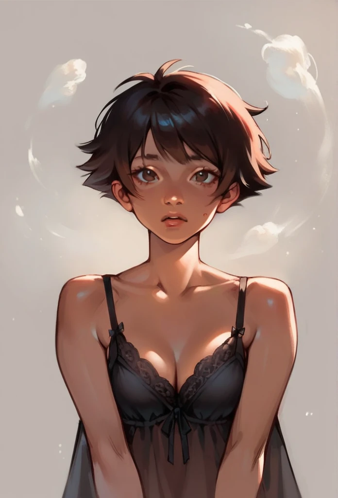 1girl, extreme short hair, black silk nightgown, dark Brown eyes,