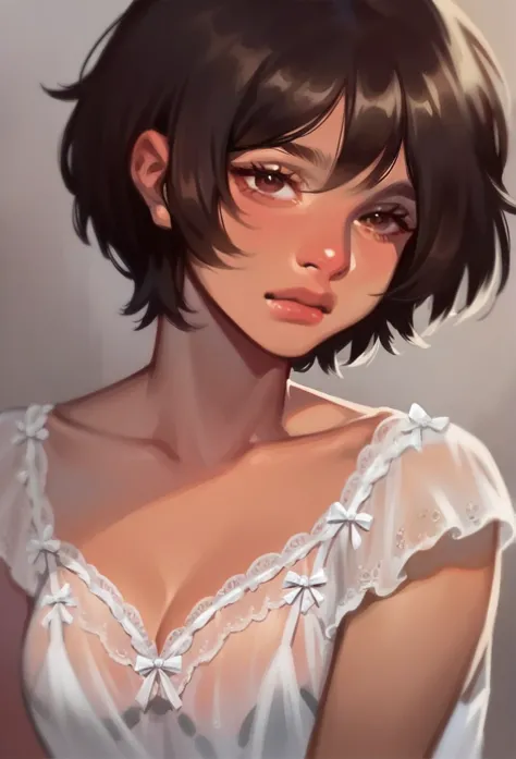 1girl, extreme short hair, black silk nightgown, dark brown eyes,