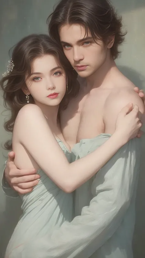High-quality images of couples: Blond man (Tall、Statue-like、Handsome and、Brave young man、blue eyes、Curly golden hair、Wearing a g...