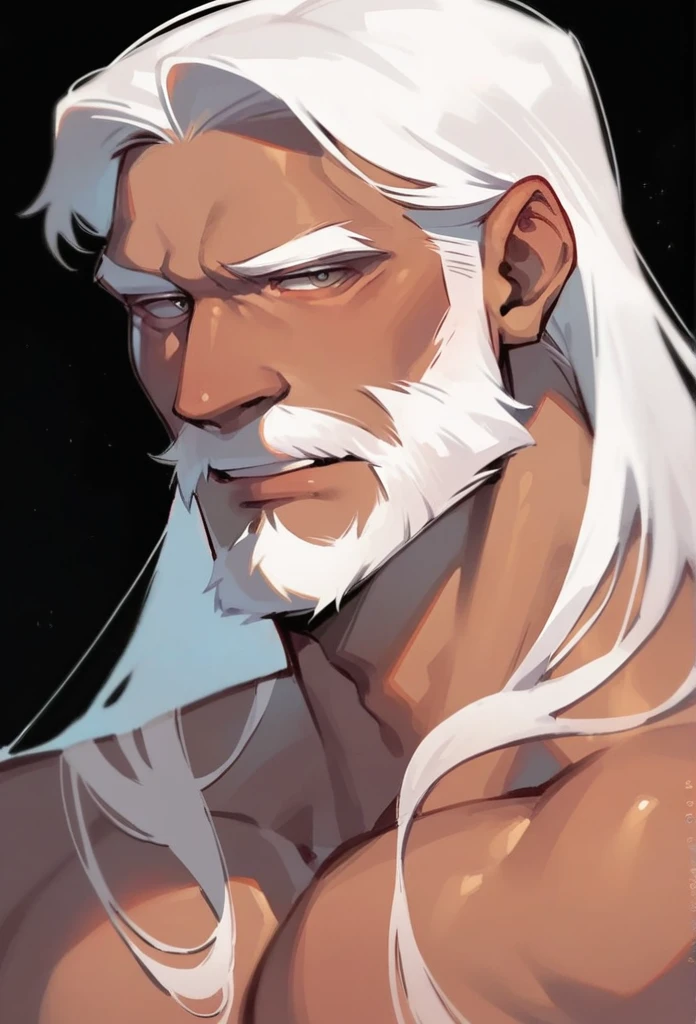 1old man, half body, white long hair, beard, sexy, dark black background