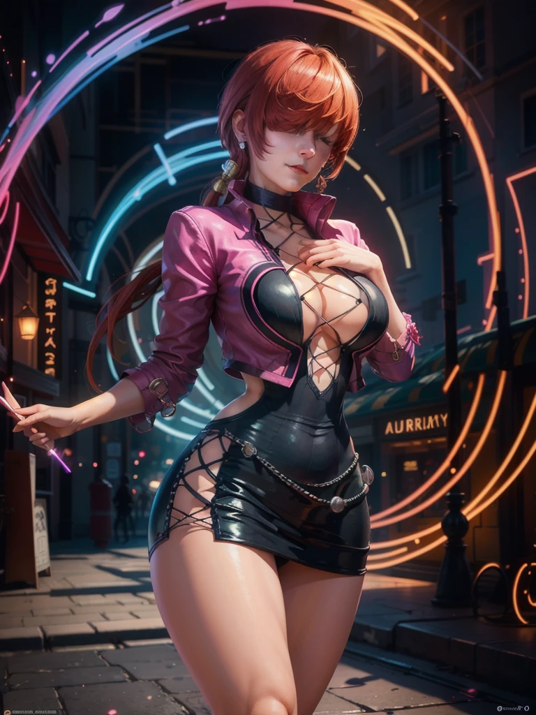 (at night), in a video game scene with a neon background and a neon light, standing at attention, pink suit, pink jacket, choker, neckline, cut of clothing, earrings, has long bangs in her hair that covers eyes ((hair over eyes)), 1 girl, 20 years old, young woman, beautiful finger, beautiful long legs, beautiful body, beautiful nose, beautiful character design, perfect face, looking at the viewer (focusing on her face) , closed mouth, Light_Smile, official art, extremely detailed CG unity 8k wallpaper, perfect lighting, bright and colorful front lighting, glowing skin, (masterpiece: 1.0), (best_quality: 1.0), ultra high resolution, 4K, photography ultra detailed, 8K, HDR, high resolution, absurdities:1.2, Kodak portra 400, film grain, blurred background, bokeh:1.2, lens flare, (vibrant_color:1.2), professional photography, (Beautiful, breasts: 1.4), (beautiful_face: 1.5 ), (narrow waist),
