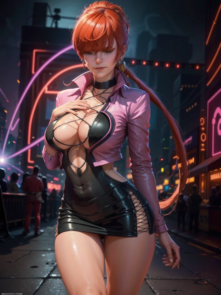 (at night), in a video game scene with a neon background and a neon light, standing at attention, pink suit, pink jacket, choker, neckline, cut of clothing, earrings, has long bangs in her hair that covers eyes ((hair over eyes)), 1 girl, 20 years old, young woman, beautiful finger, beautiful long legs, beautiful body, beautiful nose, beautiful character design, perfect face, looking at the viewer (focusing on her face) , closed mouth, Light_Smile, official art, extremely detailed CG unity 8k wallpaper, perfect lighting, bright and colorful front lighting, glowing skin, (masterpiece: 1.0), (best_quality: 1.0), ultra high resolution, 4K, photography ultra detailed, 8K, HDR, high resolution, absurdities:1.2, Kodak portra 400, film grain, blurred background, bokeh:1.2, lens flare, (vibrant_color:1.2), professional photography, (Beautiful, breasts: 1.4), (beautiful_face: 1.5 ), (narrow waist),
