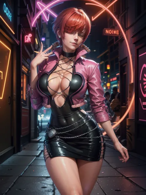 (at night), in a video game scene with a neon background and a neon light, standing at attention, pink suit, pink jacket, choker...