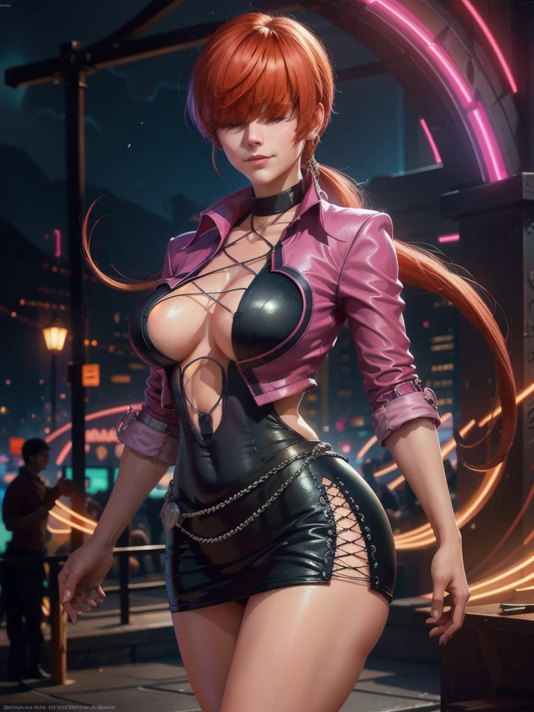 (at night), in a video game scene with a neon background and a neon light, standing at attention, pink suit, pink jacket, choker, neckline, cut of clothing, earrings, has long bangs in her hair that covers eyes ((hair over eyes)), 1 girl, 20 years old, young woman, beautiful finger, beautiful long legs, beautiful body, beautiful nose, beautiful character design, perfect face, looking at the viewer (focusing on her face) , closed mouth, Light_Smile, official art, extremely detailed CG unity 8k wallpaper, perfect lighting, bright and colorful front lighting, glowing skin, (masterpiece: 1.0), (best_quality: 1.0), ultra high resolution, 4K, photography ultra detailed, 8K, HDR, high resolution, absurdities:1.2, Kodak portra 400, film grain, blurred background, bokeh:1.2, lens flare, (vibrant_color:1.2), professional photography, (Beautiful, breasts: 1.4), (beautiful_face: 1.5 ), (narrow waist),
