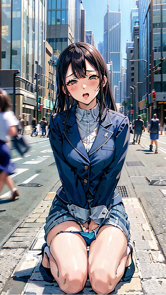 office Street,Skyscrapers in the background,blue sky,all fours,Kneel,masterpiece,quality,High resolution,高quality,Realistic,Random hairstyle,business suit,Blue Skirt,Blue jacket,White collared shirt,whole body,Forehead,Ahegao,Big eyes,Embarrassed face,Fair skin,Thighs,High heels:1.3,panty drop:1.5