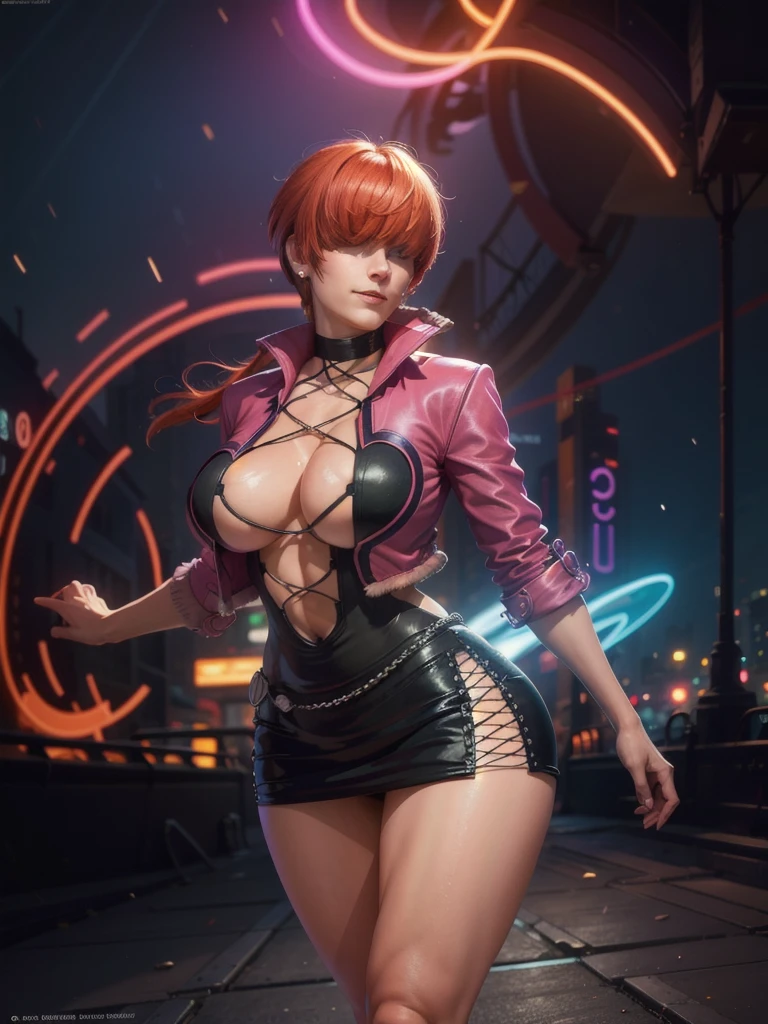 (at night), in a video game scene with a neon background and a neon light, standing at attention, pink suit, pink jacket, choker, neckline, cut of clothing, earrings, has long bangs in her hair that covers eyes ((hair over eyes)), 1 girl, 20 years old, young woman, beautiful finger, beautiful long legs, beautiful body, beautiful nose, beautiful character design, perfect face, looking at the viewer (focusing on her face) , closed mouth, Light_Smile, official art, extremely detailed CG unity 8k wallpaper, perfect lighting, bright and colorful front lighting, glowing skin, (masterpiece: 1.0), (best_quality: 1.0), ultra high resolution, 4K, photography ultra detailed, 8K, HDR, high resolution, absurdities:1.2, Kodak portra 400, film grain, blurred background, bokeh:1.2, lens flare, (vibrant_color:1.2), professional photography, (Beautiful, breasts: 1.4), (beautiful_face: 1.5 ), (narrow waist),
