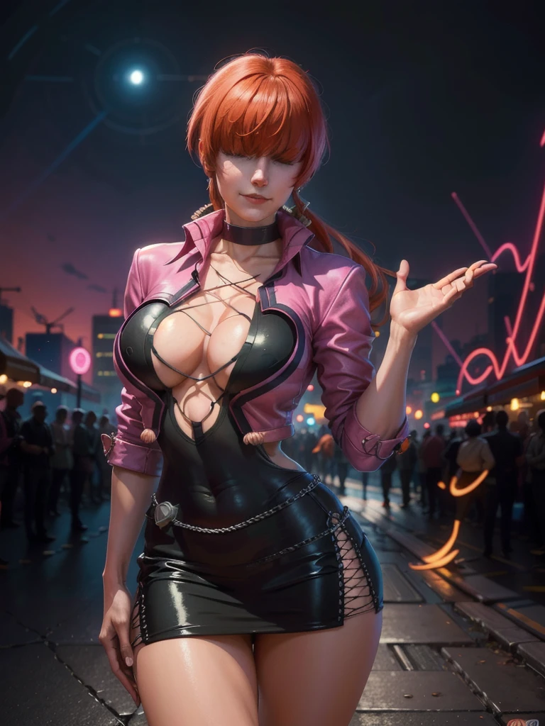 (at night), in a video game scene with a neon background and a neon light, standing at attention, pink suit, pink jacket, choker, neckline, cut of clothing, earrings, has long bangs in her hair that covers eyes ((hair over eyes)), 1 girl, 20 years old, young woman, beautiful finger, beautiful long legs, beautiful body, beautiful nose, beautiful character design, perfect face, looking at the viewer (focusing on her face) , closed mouth, Light_Smile, official art, extremely detailed CG unity 8k wallpaper, perfect lighting, bright and colorful front lighting, glowing skin, (masterpiece: 1.0), (best_quality: 1.0), ultra high resolution, 4K, photography ultra detailed, 8K, HDR, high resolution, absurdities:1.2, Kodak portra 400, film grain, blurred background, bokeh:1.2, lens flare, (vibrant_color:1.2), professional photography, (Beautiful, breasts: 1.4), (beautiful_face: 1.5 ), (narrow waist),
