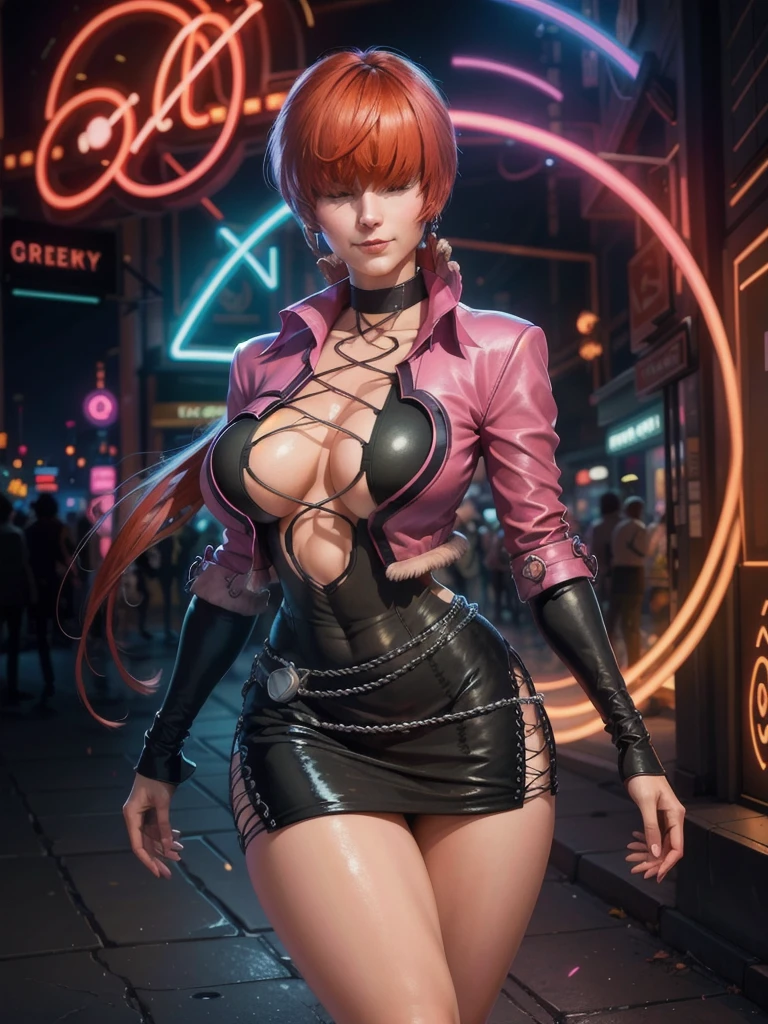 (at night), in a video game scene with a neon background and a neon light, standing at attention, pink suit, pink jacket, choker, neckline, cut of clothing, earrings, has long bangs in her hair that covers eyes ((hair over eyes)), 1 girl, 20 years old, young woman, beautiful finger, beautiful long legs, beautiful body, beautiful nose, beautiful character design, perfect face, looking at the viewer (focusing on her face) , closed mouth, Light_Smile, official art, extremely detailed CG unity 8k wallpaper, perfect lighting, bright and colorful front lighting, glowing skin, (masterpiece: 1.0), (best_quality: 1.0), ultra high resolution, 4K, photography ultra detailed, 8K, HDR, high resolution, absurdities:1.2, Kodak portra 400, film grain, blurred background, bokeh:1.2, lens flare, (vibrant_color:1.2), professional photography, (Beautiful, breasts: 1.4), (beautiful_face: 1.5 ), (narrow waist),
