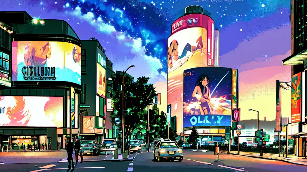 octans, sky, star (sky), scenery, starry sky, night, 1girl, night sky, solo, outdoors, building, cloud, milky way, sitting, tree, long hair, city, silhouette, cityscape,City from a distance, tokyo, city billboard, 1 milky way in the sky,