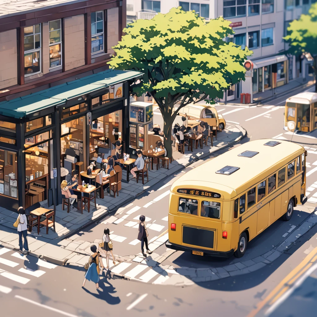 ((Tilt Shift Photo)), (((Cafe next to the bus))), ((anime:1.4,figure)),(masterpiece, Highest quality, Highest quality),(Very detailed, The absolute solution),((16K, High resolution)). break {Lofi Art, Laurie Griesley's style, Makoto Shinkai&#39;s Style, anime aesthetic}