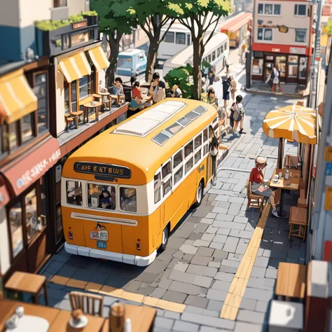 ((Tilt Shift Photo)), (((Cafe next to the bus))), ((anime:1.4,figure)),(masterpiece, Highest quality, Highest quality),(Very det...