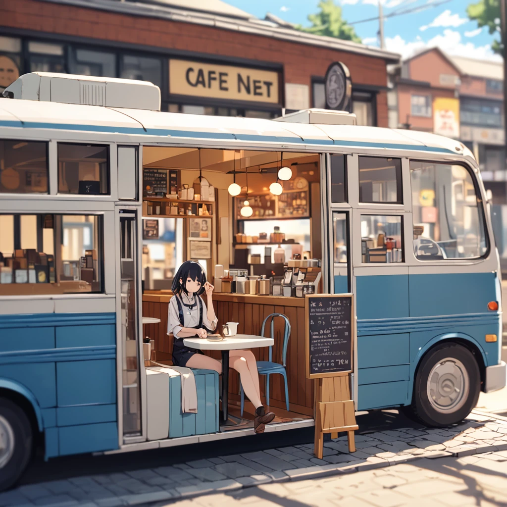 ((Foto con cambio de inclinación)), (((Cafetería al lado del autobús))), ((animado:1.4,cifra)),(obra maestra, de la máxima calidad, de la máxima calidad),(Muy detallado, La solución absoluta),((16k, Alta resolución)). break {estilo lofi, El estilo de Laurie Griesley, Makoto Shinkai&#39;estilo, animado aesthetic}