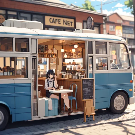 ((Tilt Shift Photo)), (((Cafe next to the bus))), ((anime:1.4,figure)),(masterpiece, Highest quality, Highest quality),(Very det...