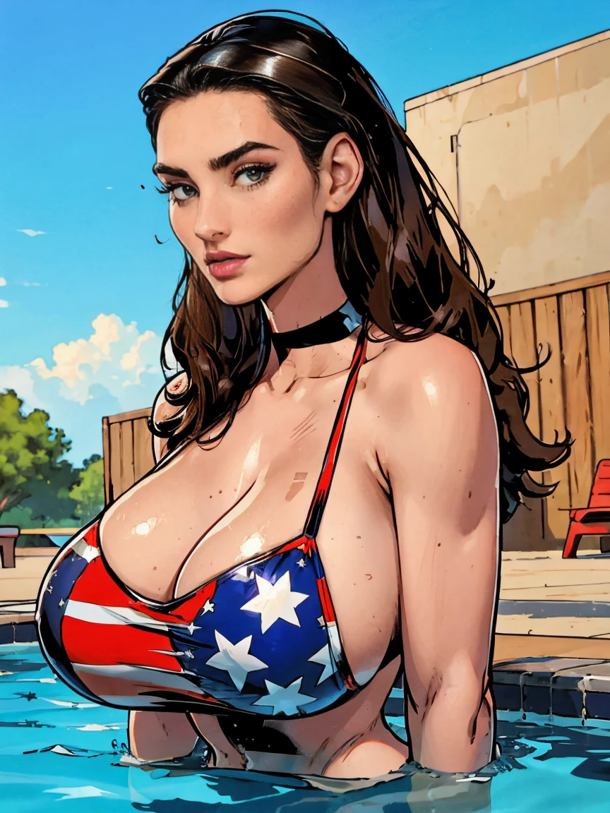 Gorgeous and sultry busty athletic (thin) brunette with sharp facial features and a (long slicked-back hair) and (huge boobs) wearing a star-spangled bikini, Americana, swimming pool.